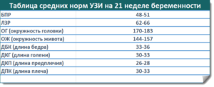 Узи в 20 недель беременности показатели нормы таблица